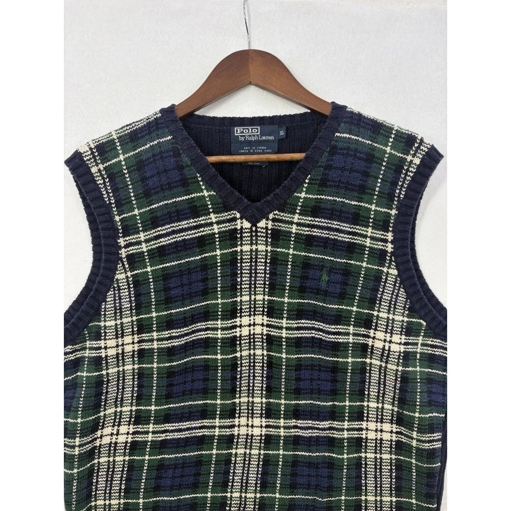 VTG Polo Ralph Lauren Knit Sweater Vest Plaid Pony Academia‎ Green Navy Prep XL